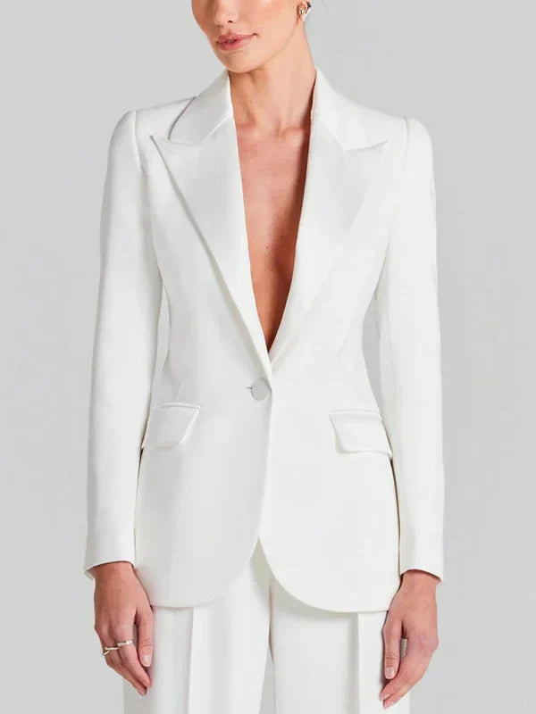 Priscila - Blazer blanco de un botón con cuello plisado