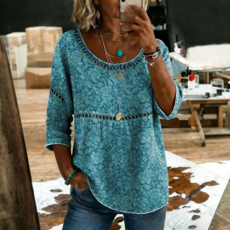 Yolanda - Blusa Vintage Turquesa con Detalle Étnico en la Cintura