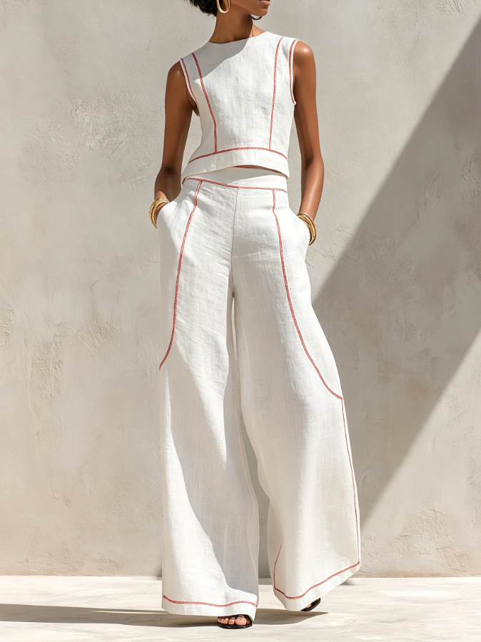 Ensemble blouse minimaliste en mélange de lin et pantalon à jambes larges pour femme