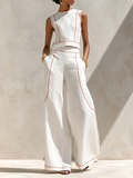 Ensemble blouse minimaliste en mélange de lin et pantalon à jambes larges pour femme