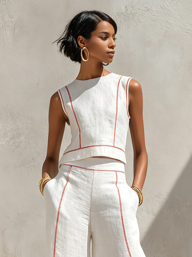 Ensemble blouse minimaliste en mélange de lin et pantalon à jambes larges pour femme