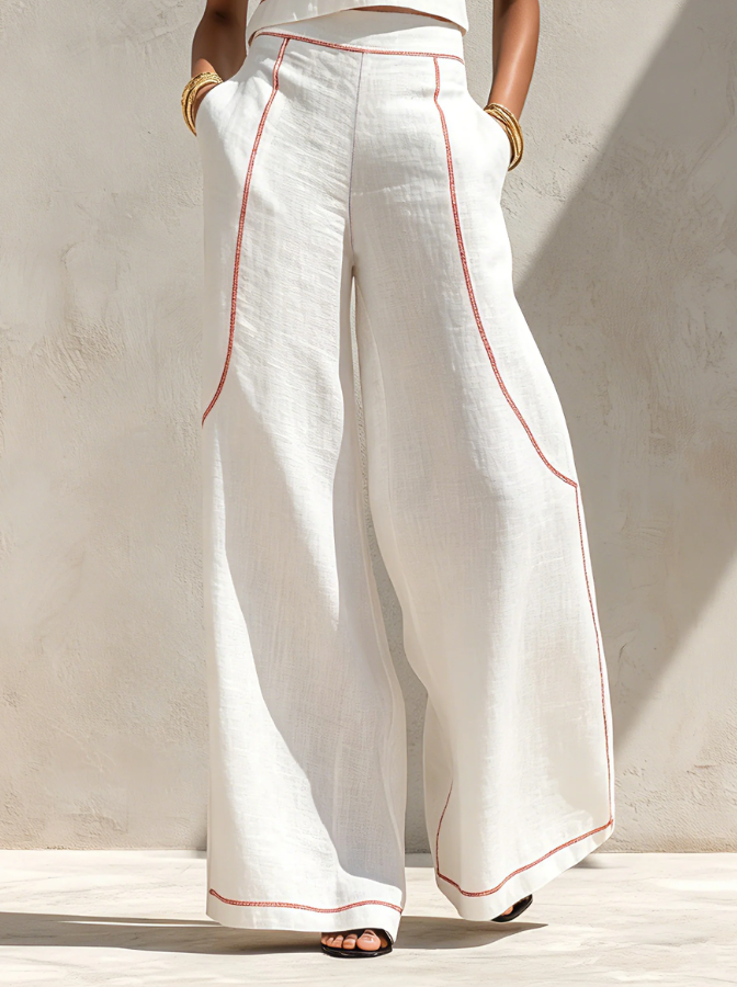 Ensemble blouse minimaliste en mélange de lin et pantalon à jambes larges pour femme