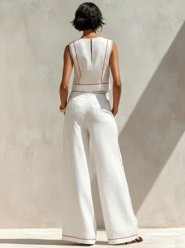 Ensemble blouse minimaliste en mélange de lin et pantalon à jambes larges pour femme