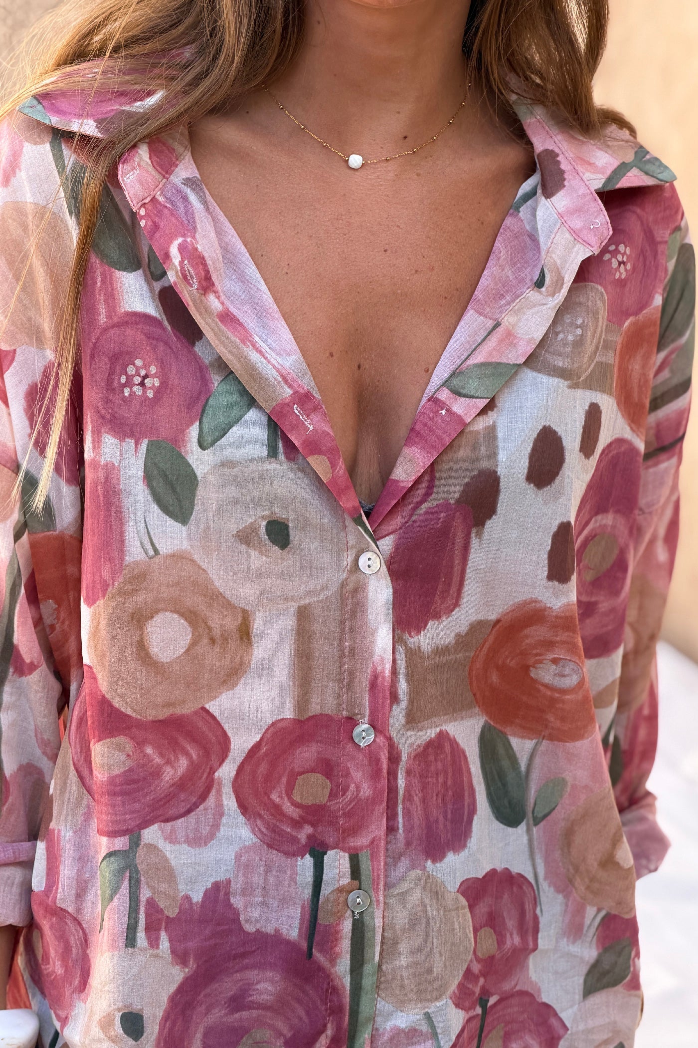 Alejandra - Camisa de voile de algodón estampada con flores