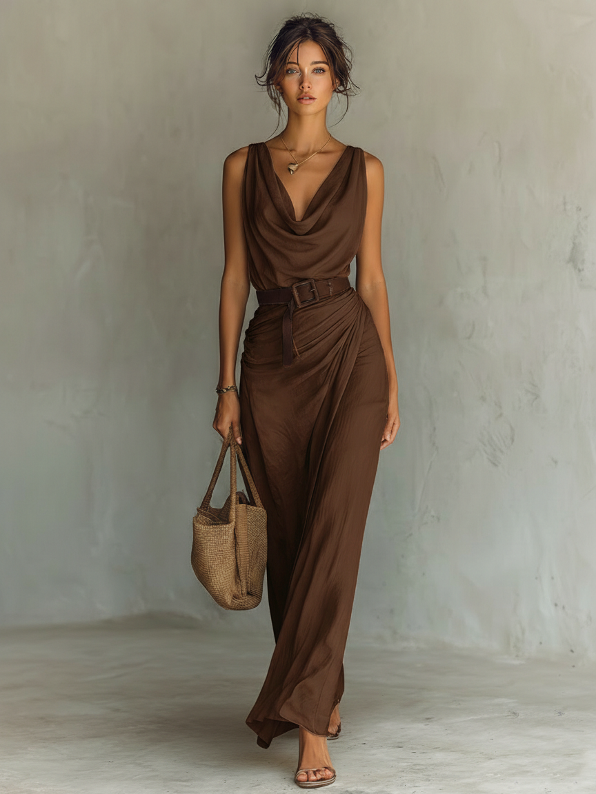 Robe maxi sans manches ceinturée à col bénitier minimaliste pour femmes MDZ1262A0Y