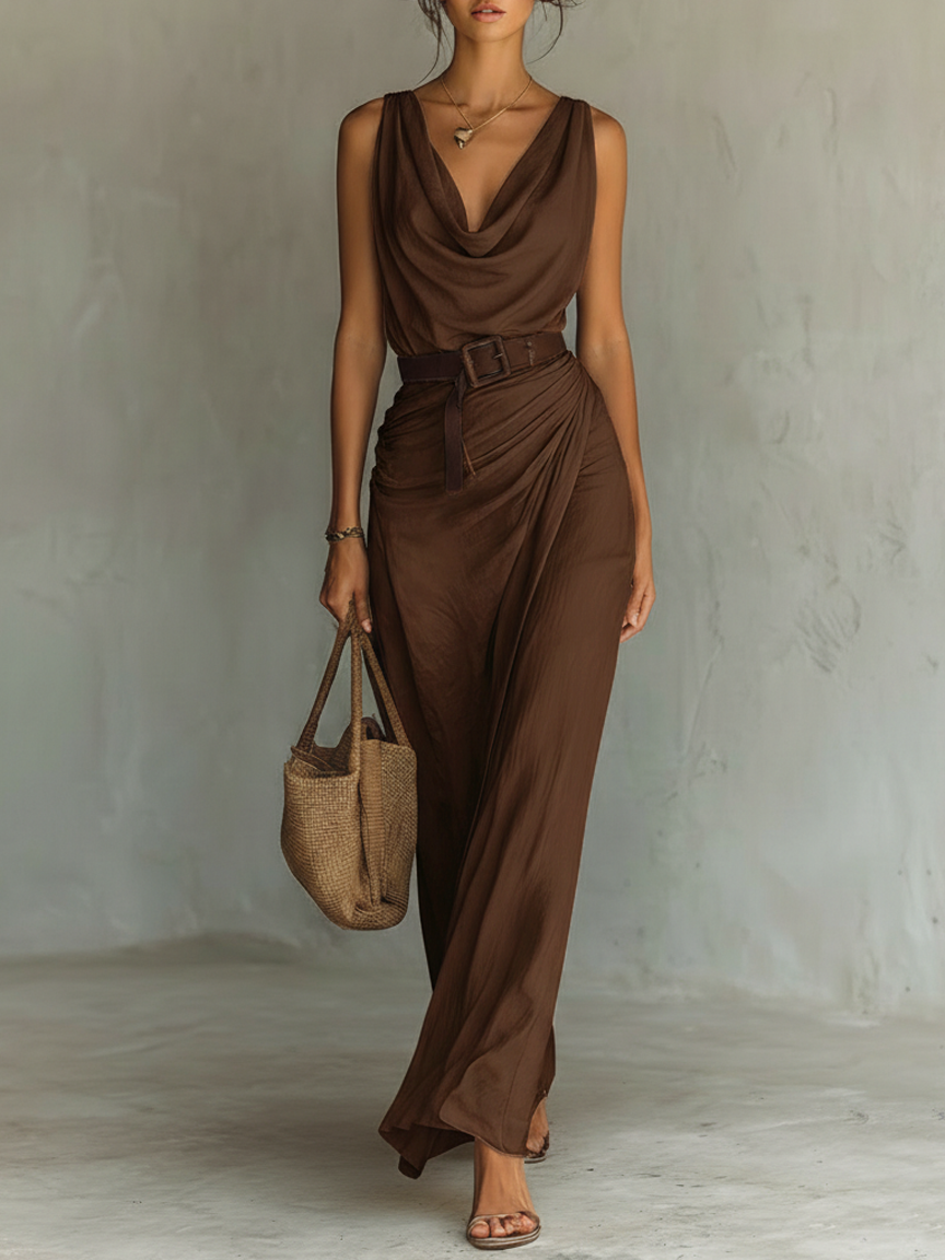 Robe maxi sans manches ceinturée à col bénitier minimaliste pour femmes MDZ1262A0Y