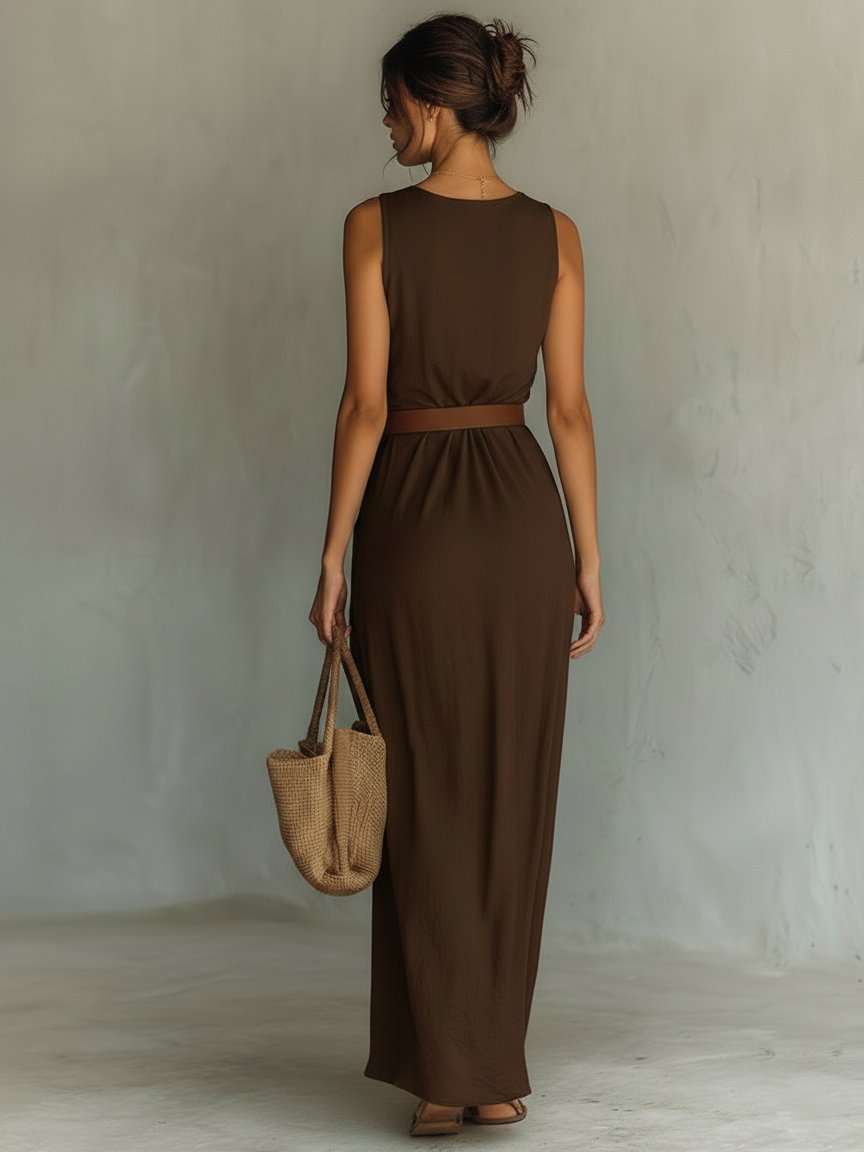 Robe maxi sans manches ceinturée à col bénitier minimaliste pour femmes MDZ1262A0Y