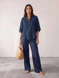 Camila - Conjunto de lino con mangas murciélago y pantalón ancho