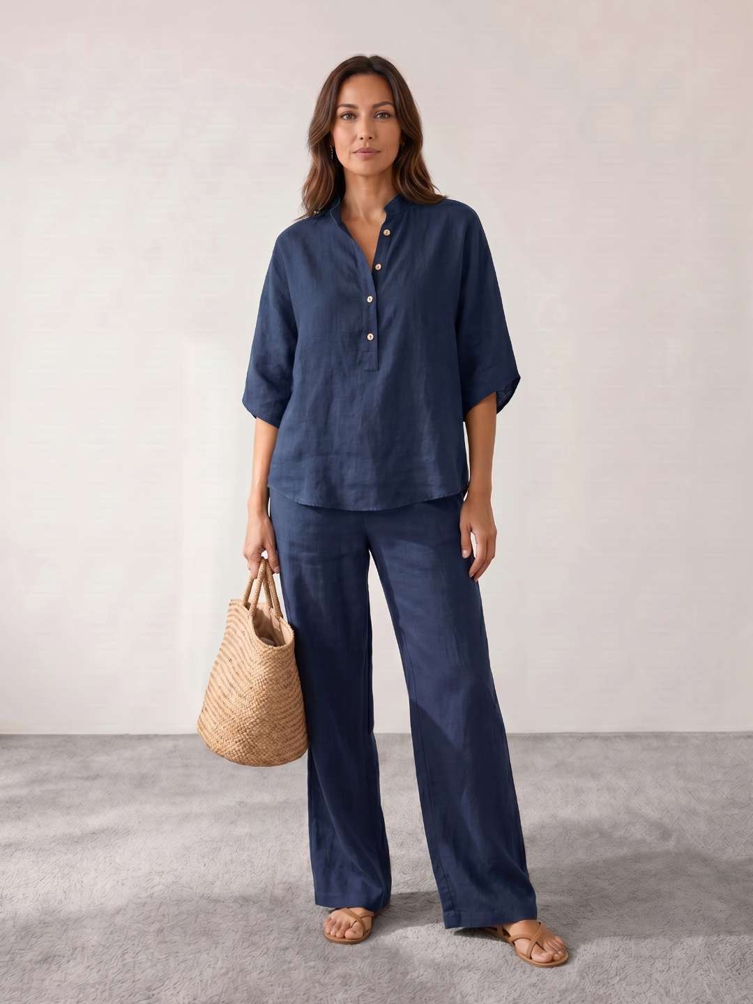 Camila - Conjunto de lino con mangas murciélago y pantalón ancho