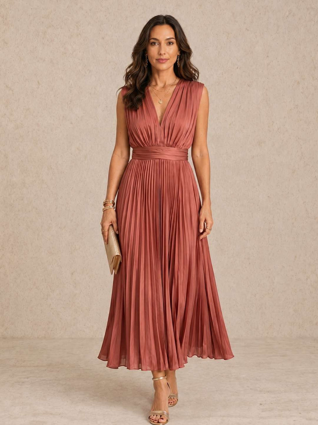 Paula - Vestido midi plisado con escote en V