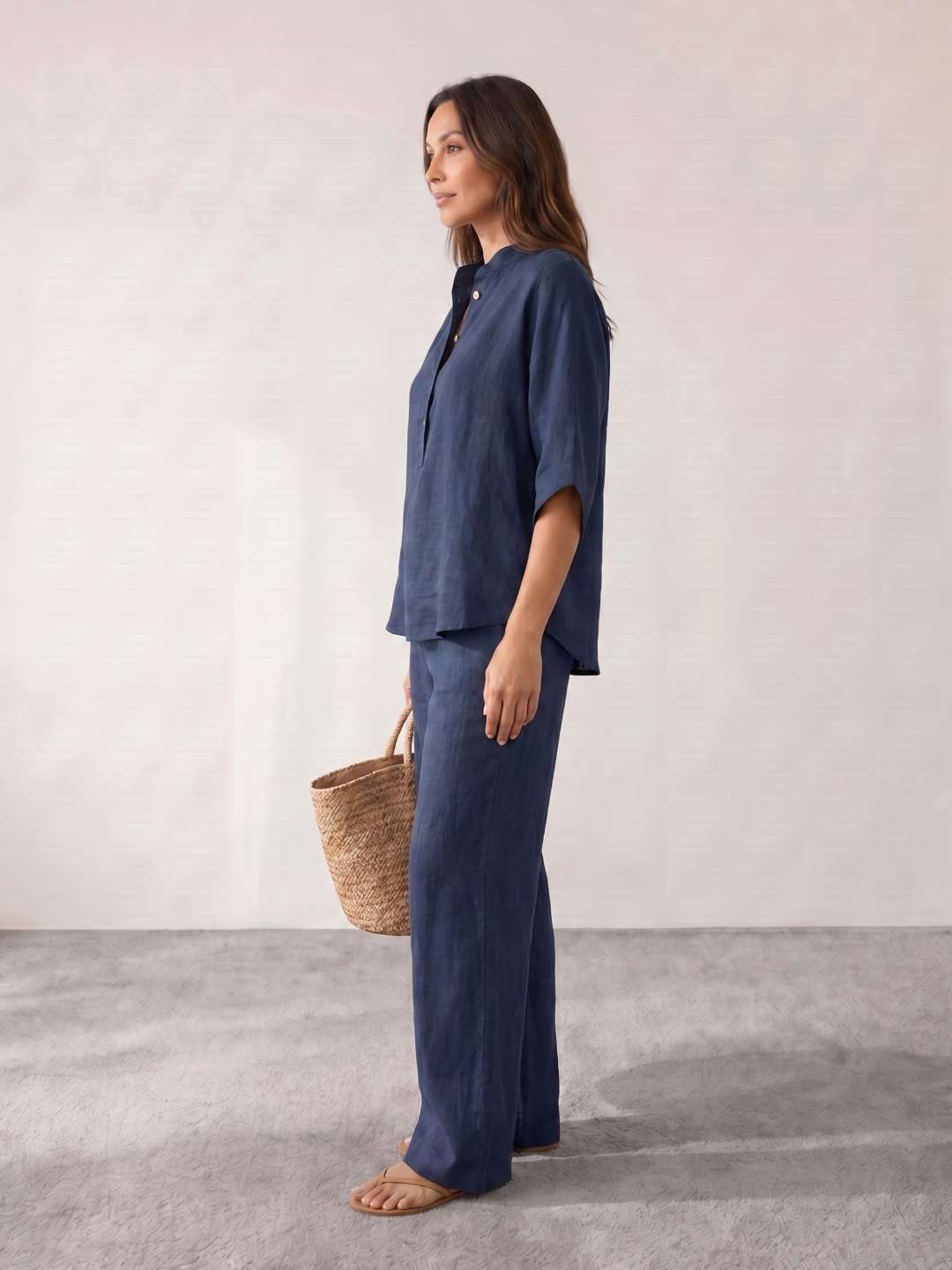 Camila - Conjunto de lino con mangas murciélago y pantalón ancho