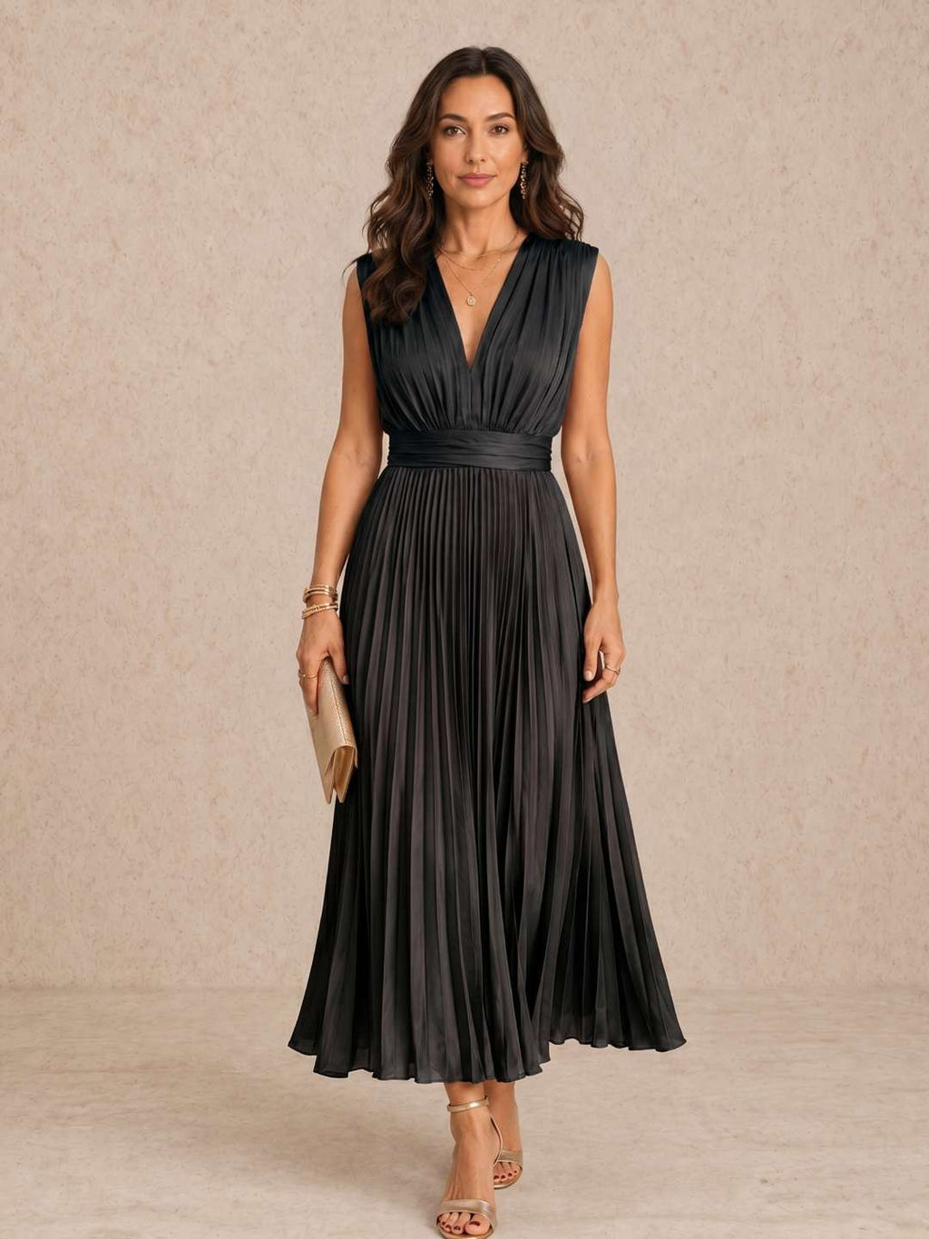 Paula - Vestido midi plisado con escote en V