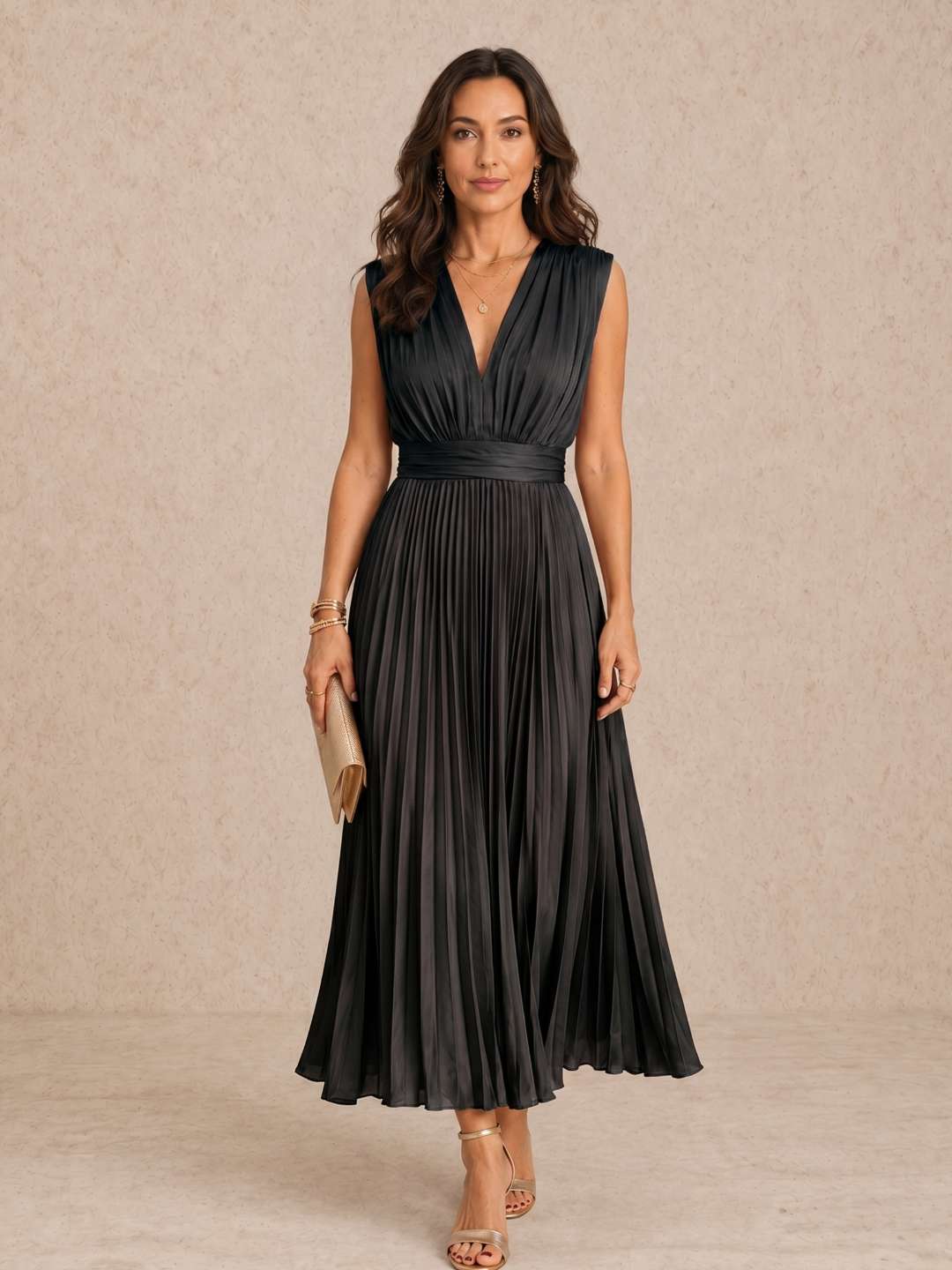 Paula - Vestido midi plisado con escote en V