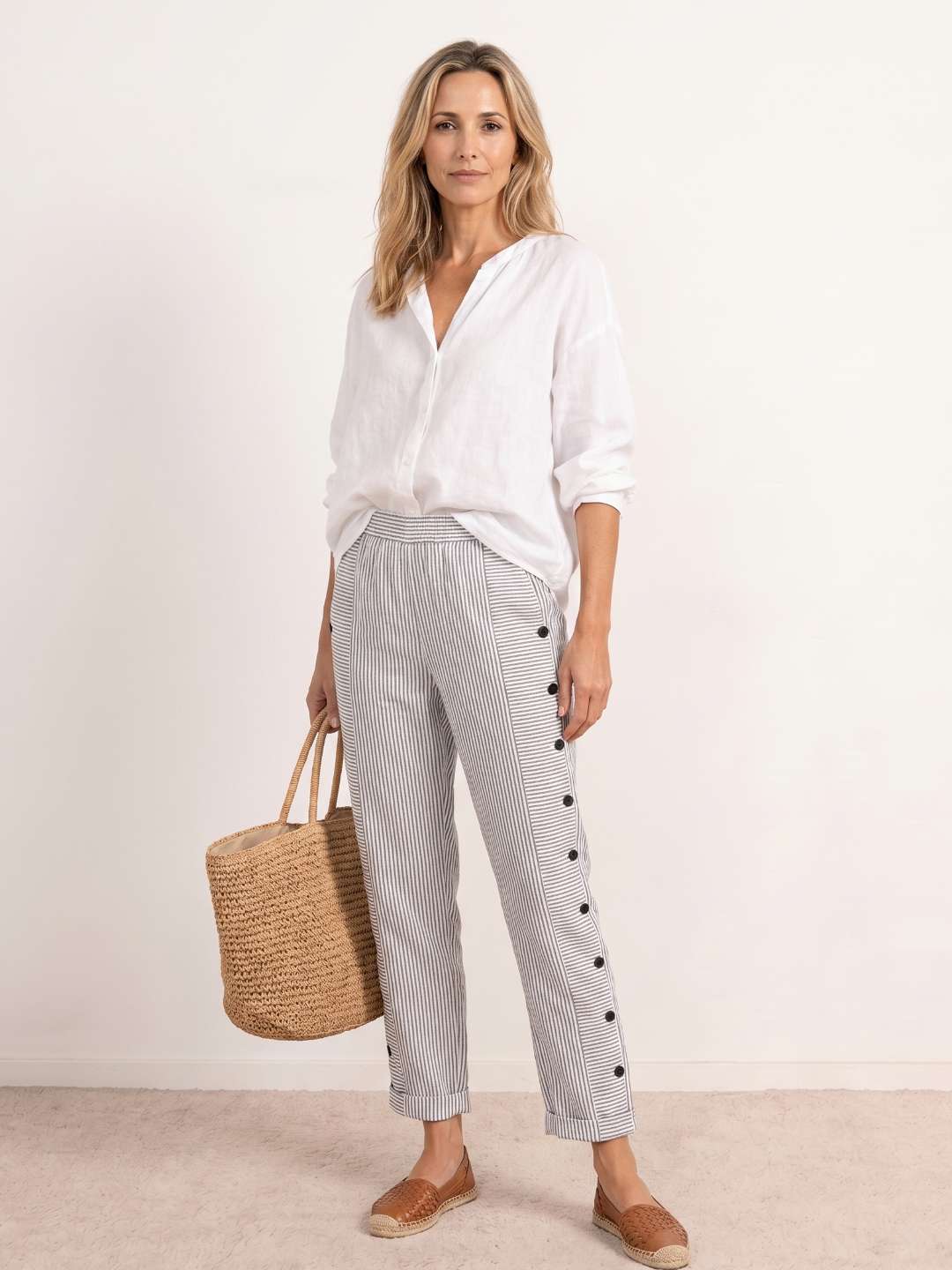 Milagros - Pantalón recto de rayas con botones laterales