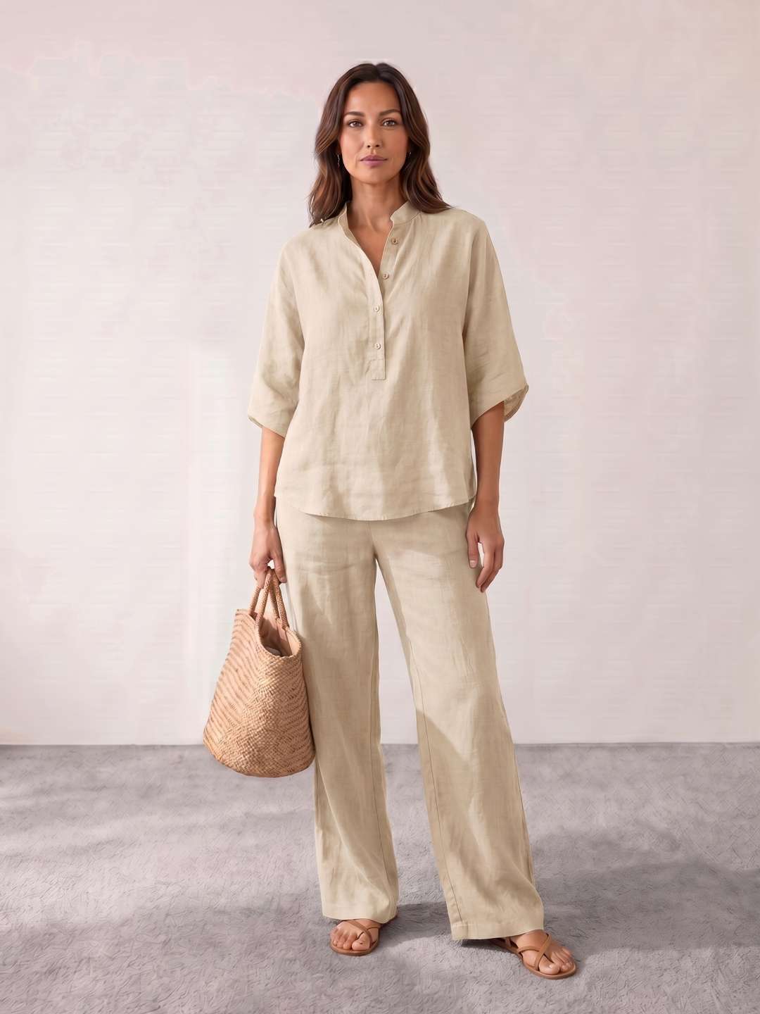 Camila - Conjunto de lino con mangas murciélago y pantalón ancho