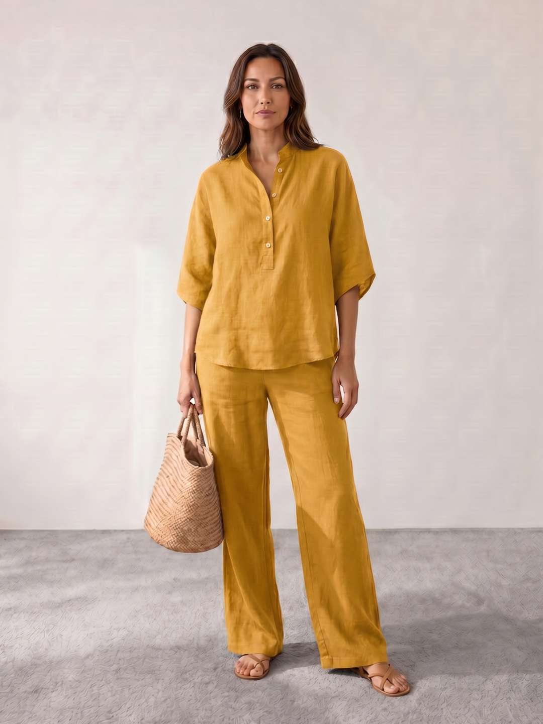 Camila - Conjunto de lino con mangas murciélago y pantalón ancho