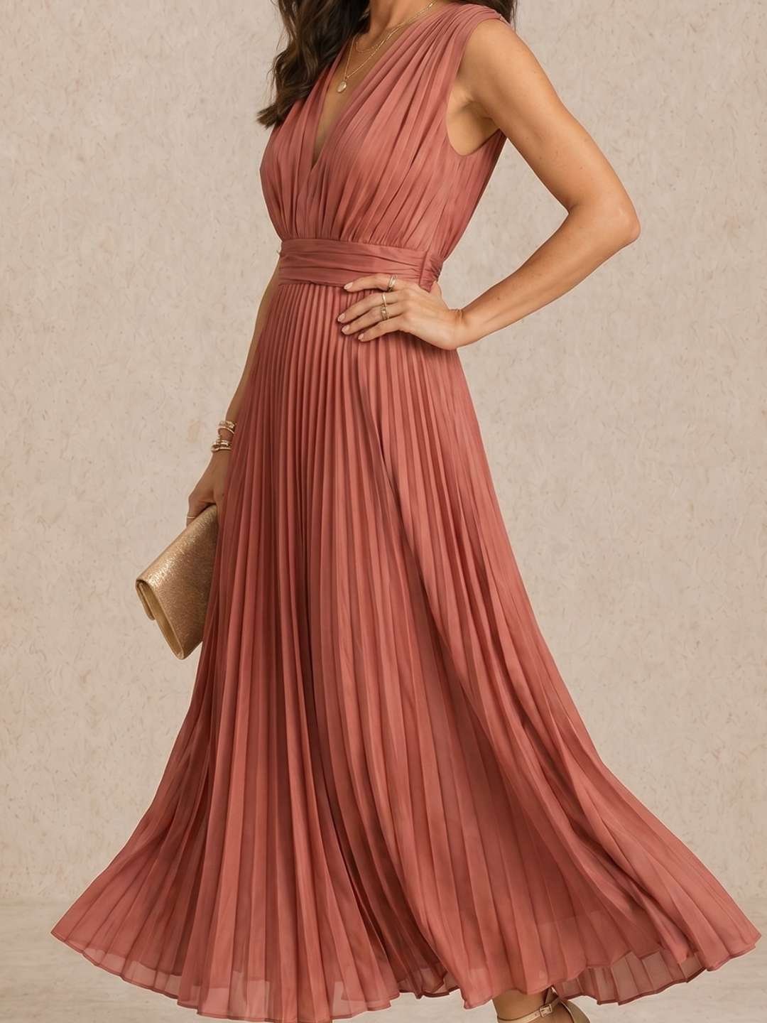 Paula - Vestido midi plisado con escote en V