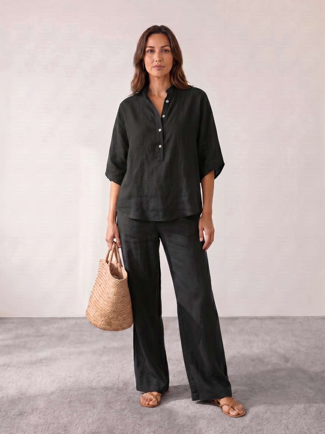 Camila - Conjunto de lino con mangas murciélago y pantalón ancho