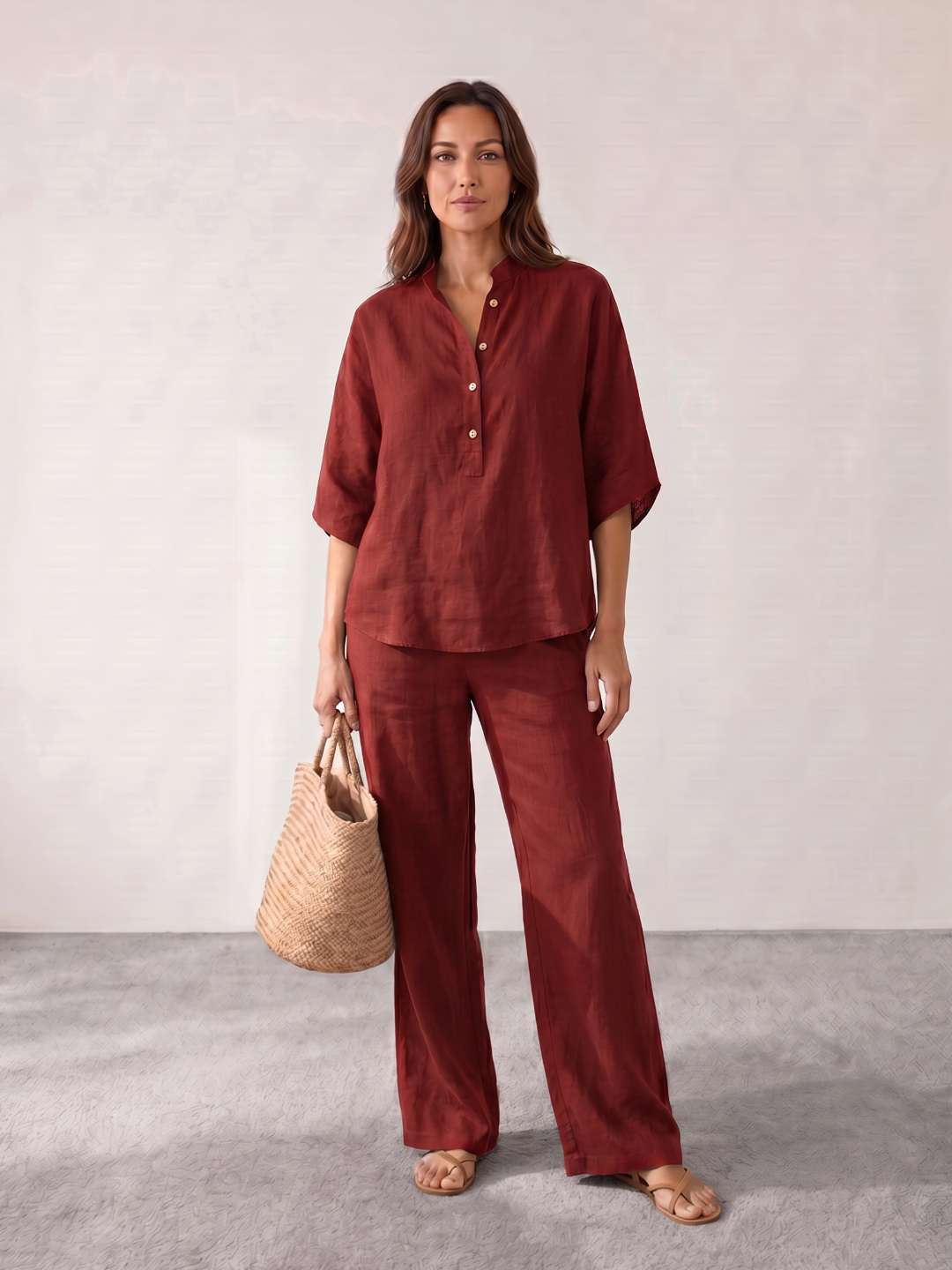 Camila - Conjunto de lino con mangas murciélago y pantalón ancho