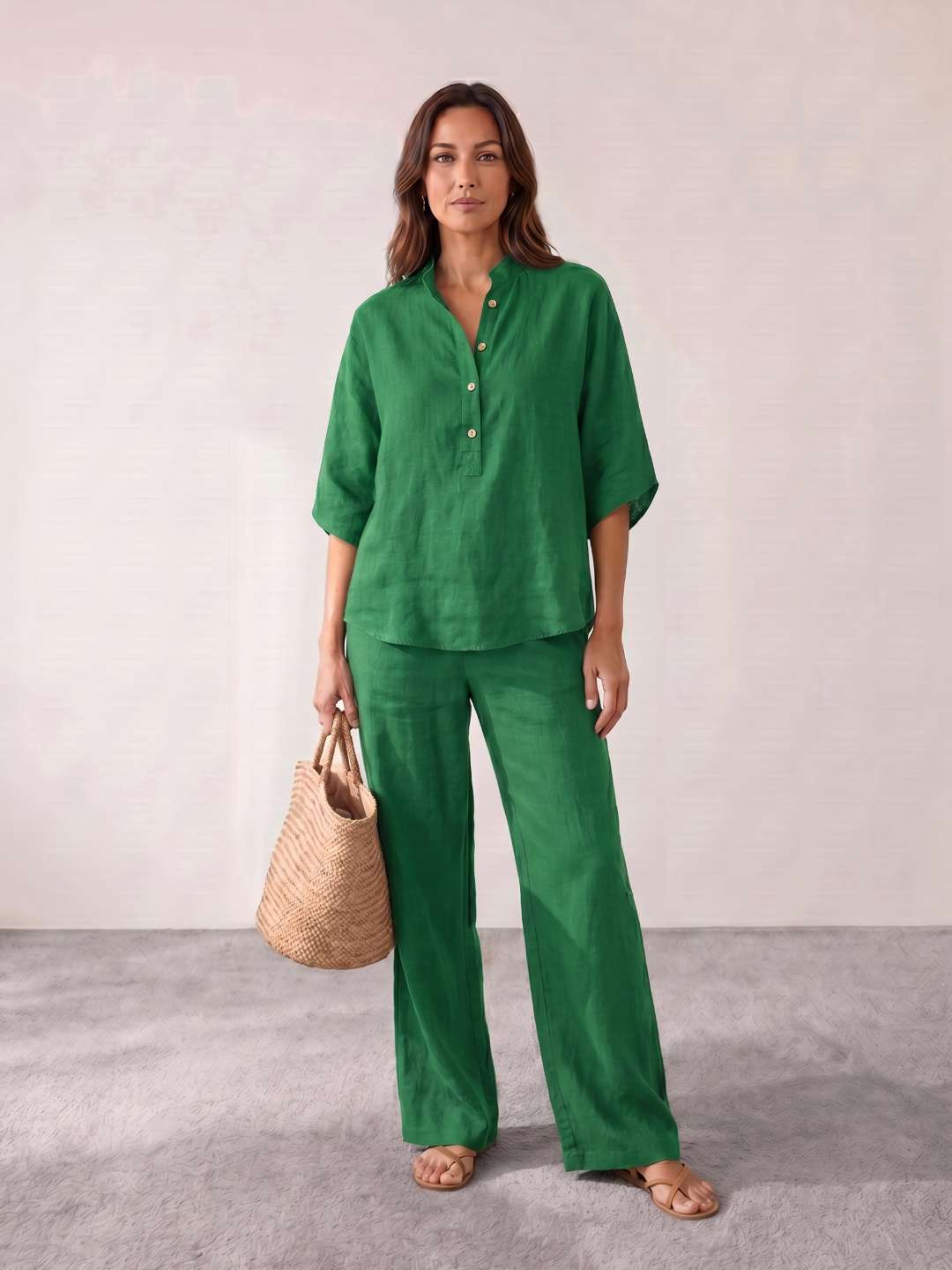 Camila - Conjunto de lino con mangas murciélago y pantalón ancho