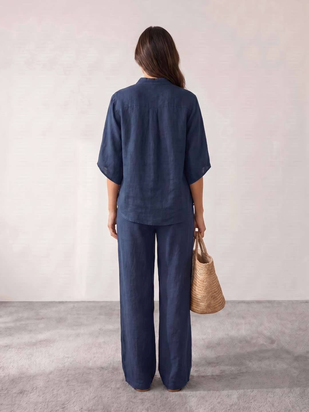 Camila - Conjunto de lino con mangas murciélago y pantalón ancho
