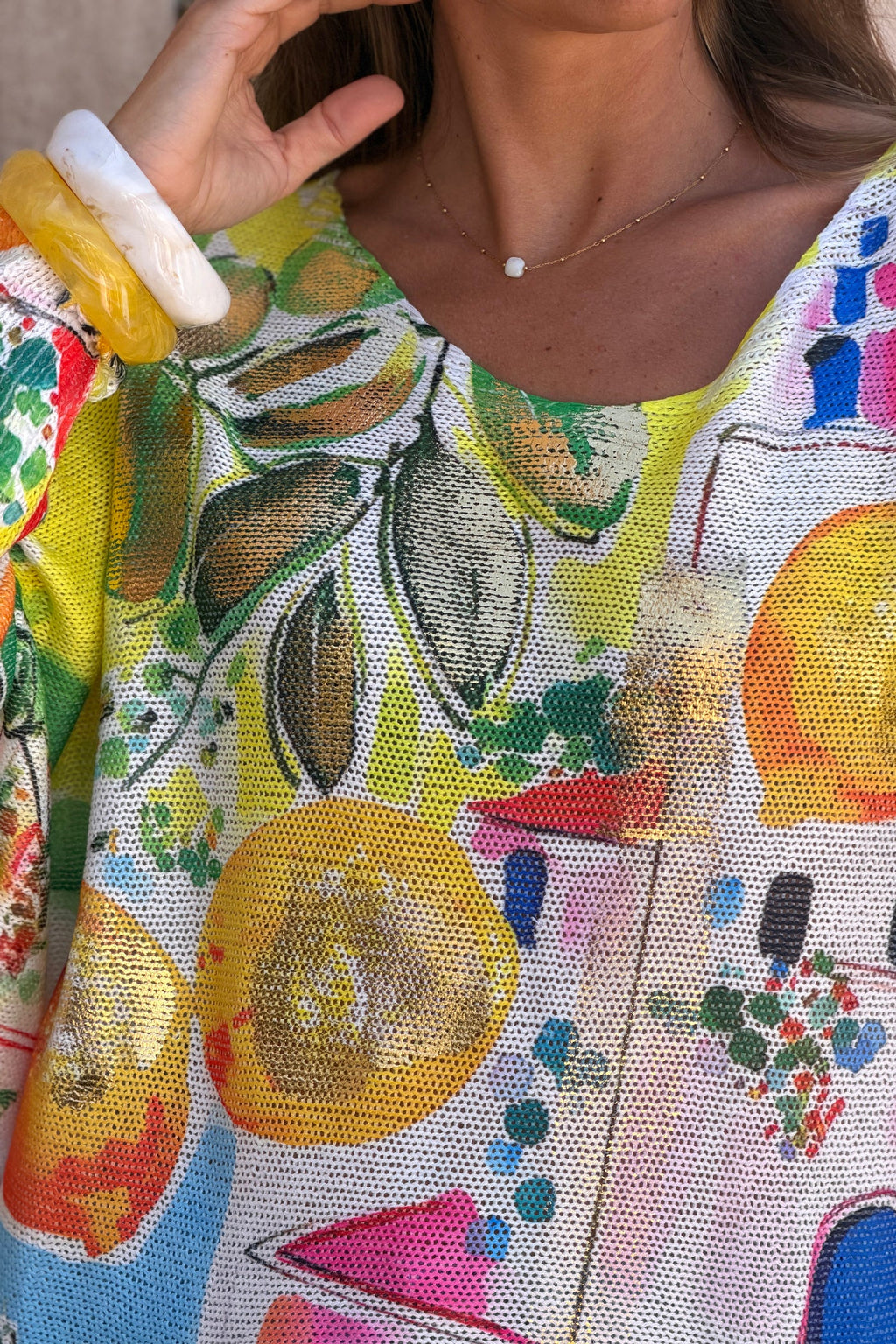 Isabel - Suéter de punto estampado colorido, estilo Italia, con detalles dorados
