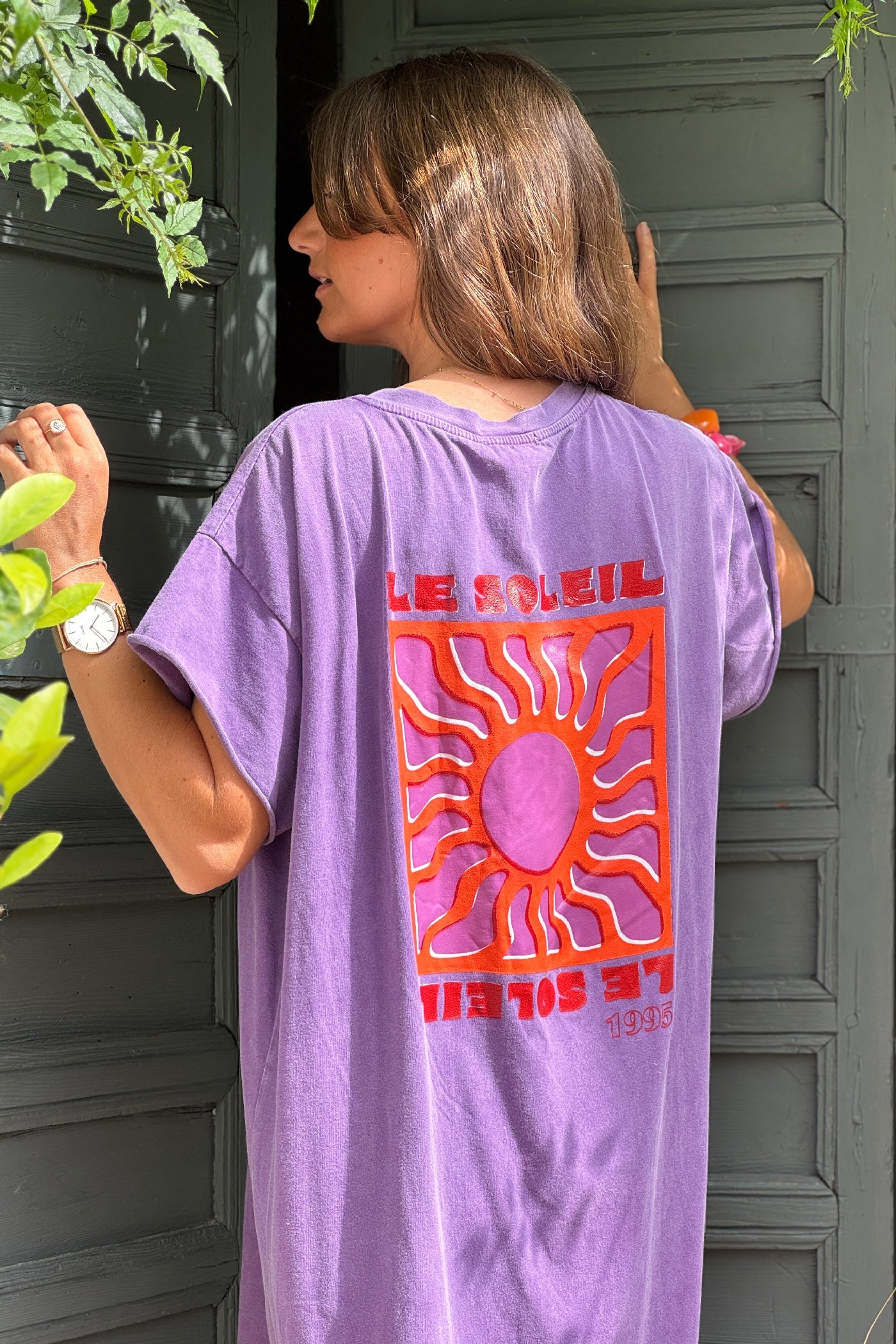 Vanina - Vestido largo y cómodo de color violeta deslavado, de algodón elástico, con cuello en V y estampado de soles