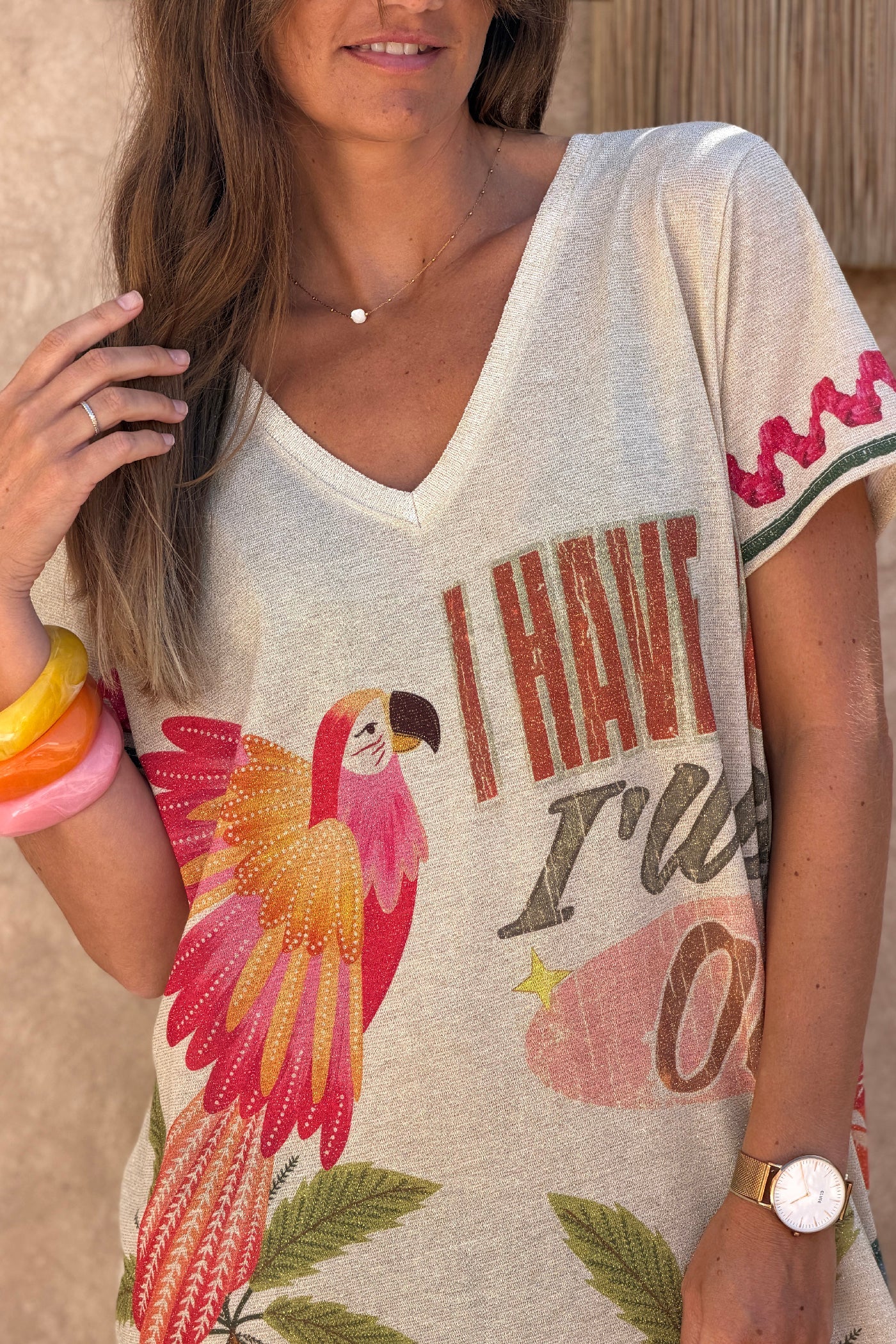Trinidad - Vestido largo y holgado, brillante, con estampado de loros, palmeras y flores de colores